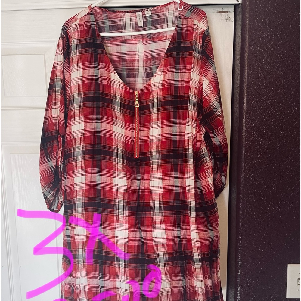 Light  red flannel shirt dress zip front so no bursting buttons
